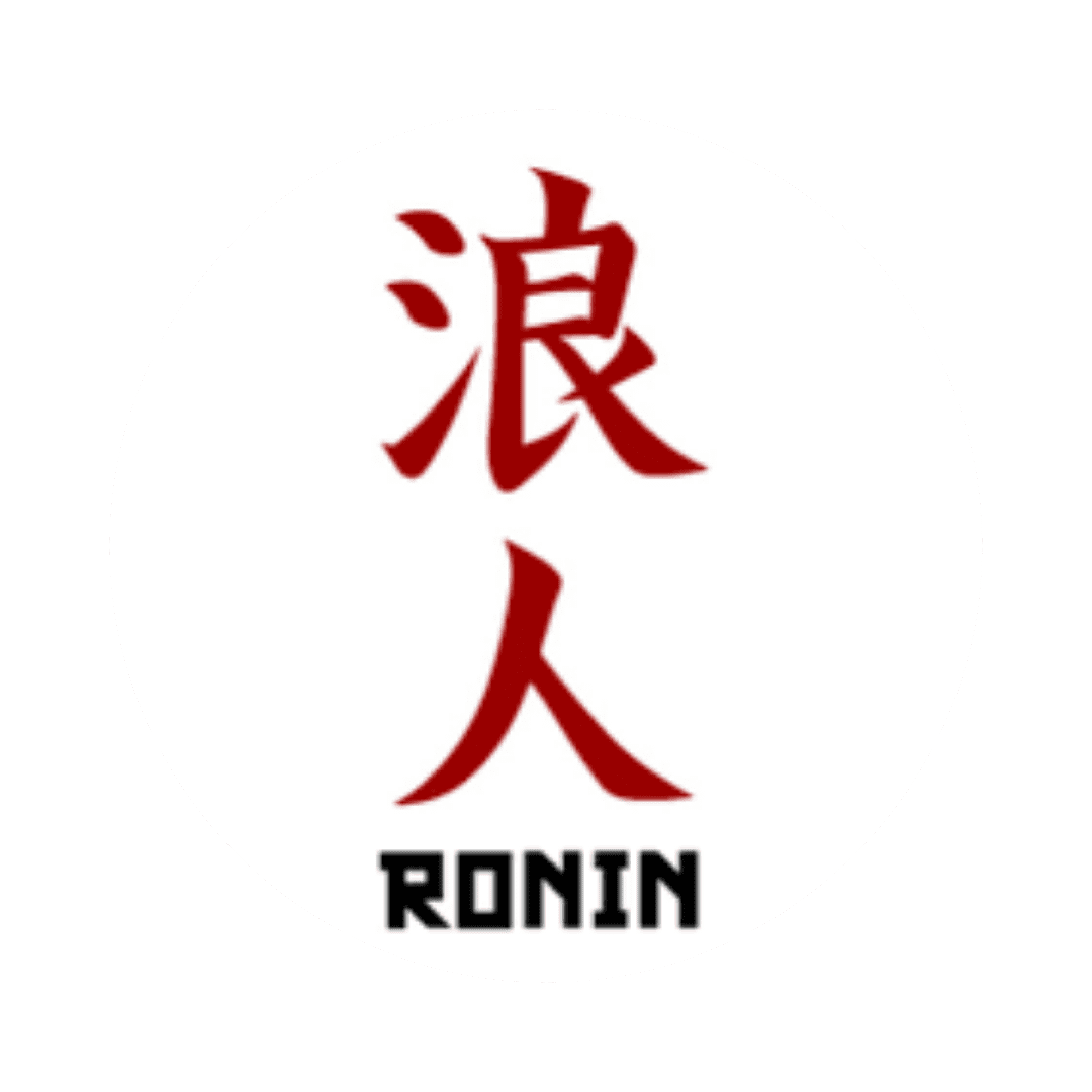 Logo Editora Ronin em letras japonesas na cor vermelha e nome da editora na cor preta.